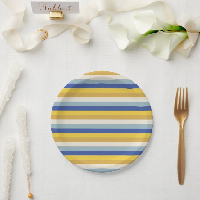Assiettes En Carton Bleu jaune moderne rayures crème Hanoukka (Mariage)