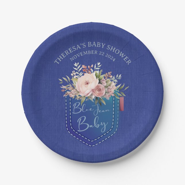 Assiettes En Carton Bleu Jean Bébé Denim Douche Plaques papier personn (Devant)