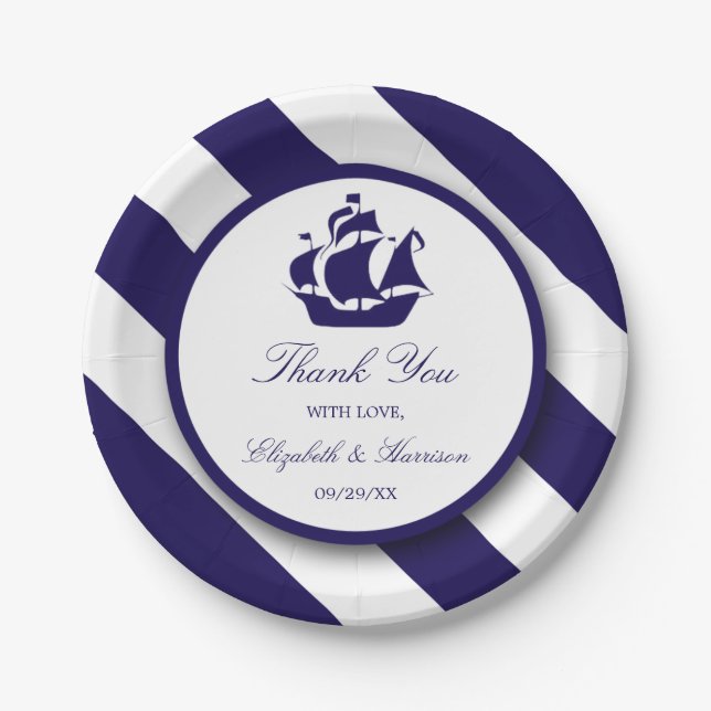 Assiettes En Carton Bleu Mariage de navire marine (Devant)