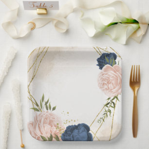 Assiettes En Carton bleu marine fleurs vert feuille mariage