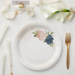 Assiettes En Carton bleu marine fleurs vert feuille mariage
