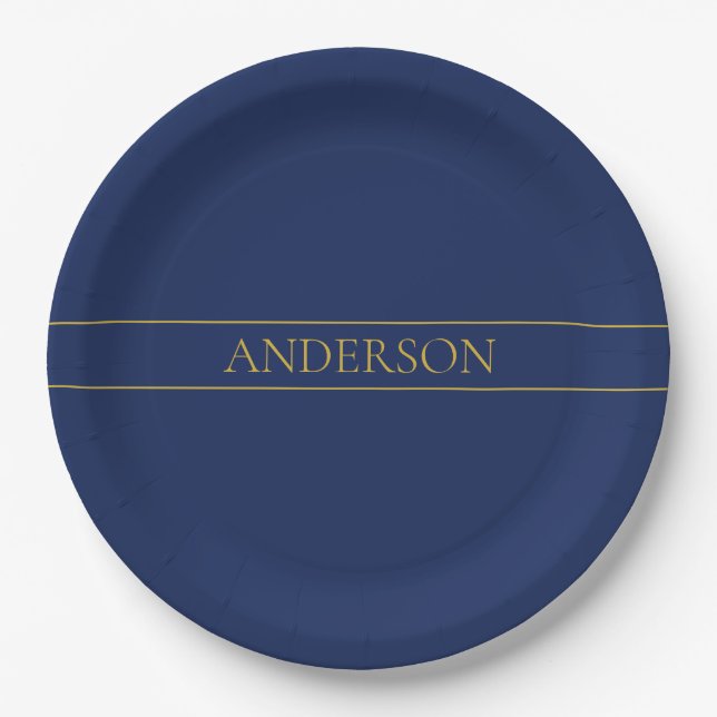 Assiettes En Carton Bleu marine & nom de famille Or ou Entreprise  (Devant)