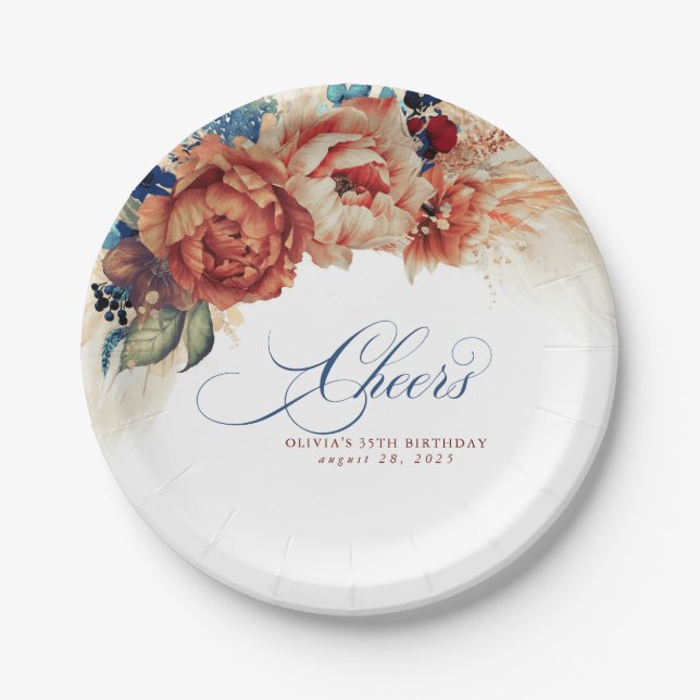 Assiettes En Carton Bleu marine Terracotta Fleurs de Pampas (Devant)