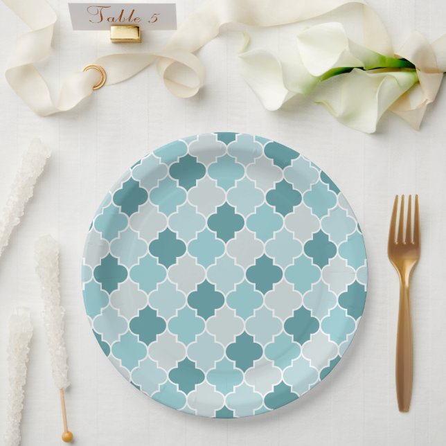 Assiettes En Carton Bleu Marocain Trellis, Lattes, Quatrefoil (Mariage)