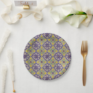 Assiettes En Carton Bleu Méditerranée Motif Fleurs Jaunes