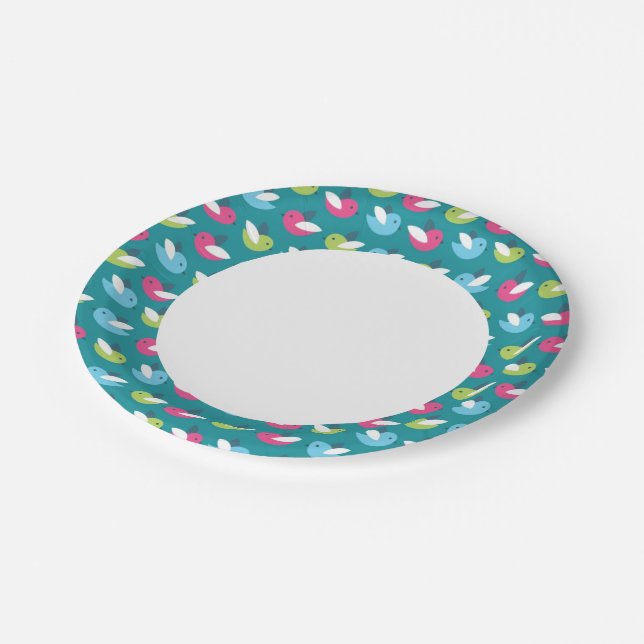 Assiettes En Carton Bleu motif des oiseaux (Angle)