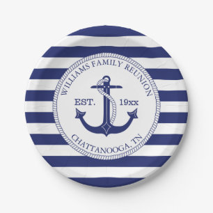 Assiettes En Carton Bleu nautique Ancre Famille Réunion Marine Stripes