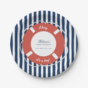 Assiettes En Carton Bleu nautique Baby shower rayé garçon