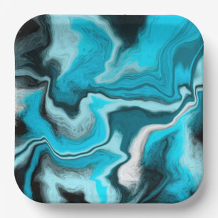 Assiettes En Carton Bleu, noir et Marbre blanc Fluid Art
