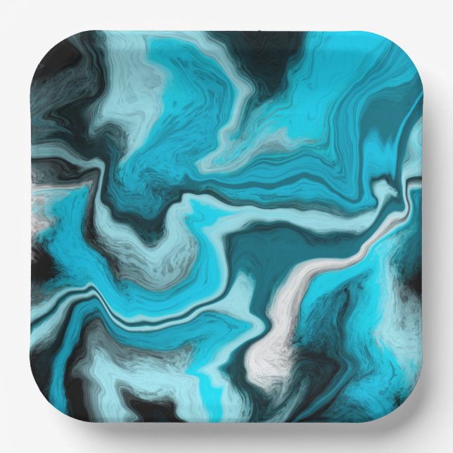 Assiettes En Carton Bleu, noir et Marbre blanc Fluid Art (Recto)