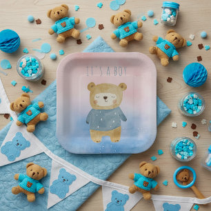Assiettes En Carton Bleu pastel ours mignon c'est un garçon