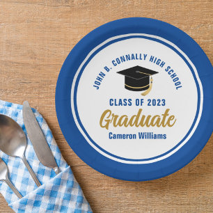 Assiettes En Carton Bleu personnalisé Gold Graduate 2025 Graduation Pa