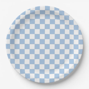 Assiettes En Carton Bleu Poussiéreux et Blanc à Carreaux