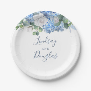 Assiettes En Carton Bleu Poussiéreux Fleurs Hydrangea Mariage Verdure 