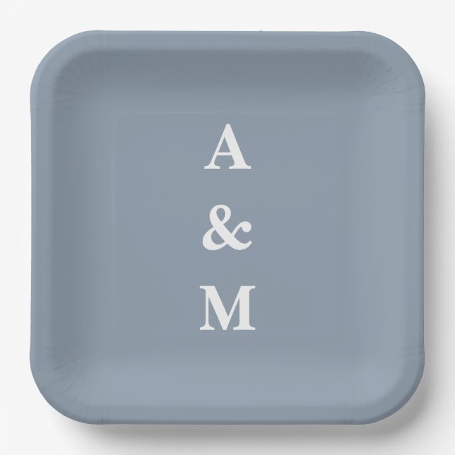 Assiettes En Carton Bleu Poussiéreux Monogrammes Initiale Élégant Mari (Recto)