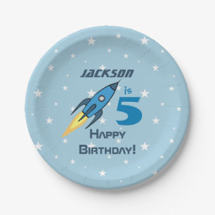 Assiettes En Carton Bleu Retro Rocket Ship Personnalisé Birthday Boy