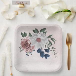 Assiettes En Carton bleu rose blanc vert fleuri mariage