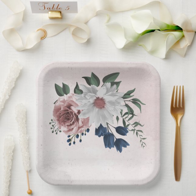 Assiettes En Carton bleu rose blanc vert fleuri mariage (Mariage)