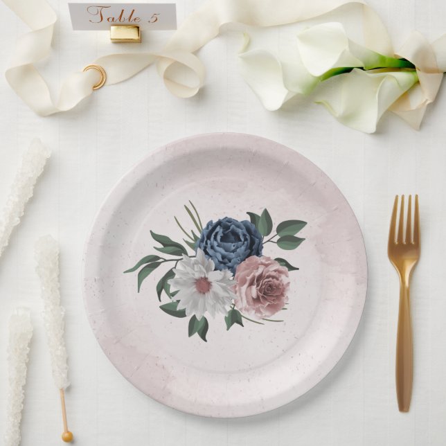 Assiettes En Carton bleu rose blanc vert fleuri mariage (Mariage)