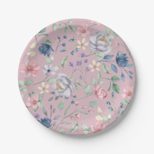 Assiettes En Carton Bleu rose et jaune Floral pourpre