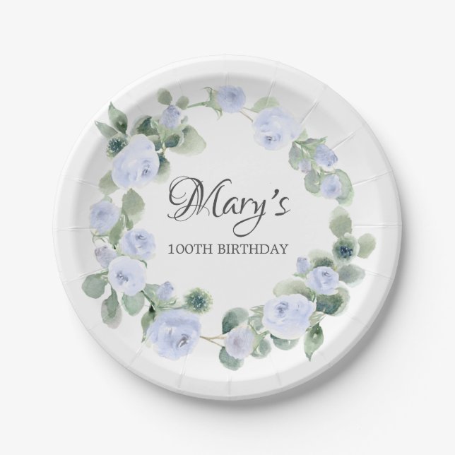 Assiettes En Carton Bleu Rose Eucalyptus 100E Plaque Papier Anniversai (Devant)