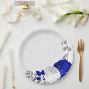 Assiettes En Carton bleu royal et fleurs blanches argent