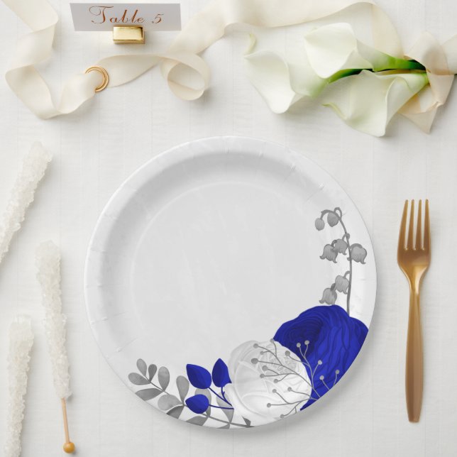 Assiettes En Carton bleu royal et fleurs blanches argent (Mariage)