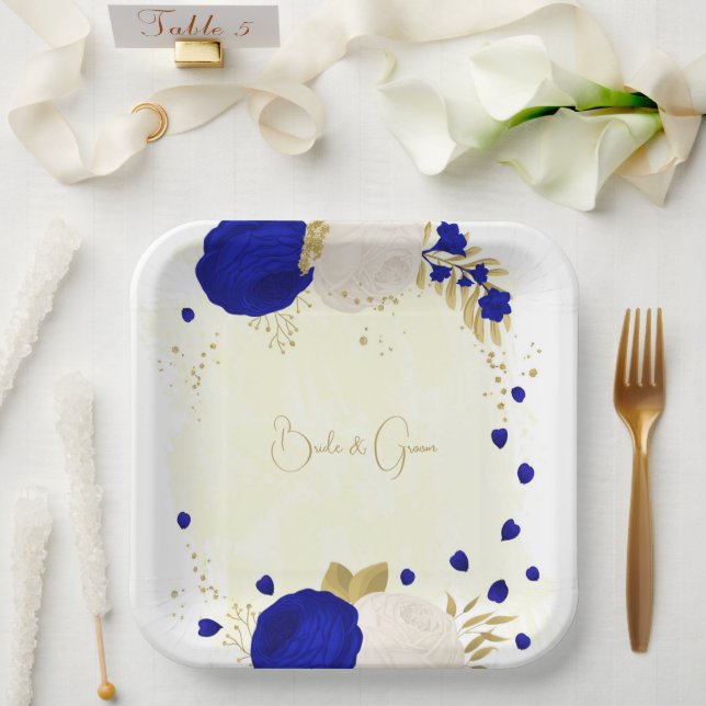 Assiettes En Carton bleu royal et fleurs blanches or (Mariage)