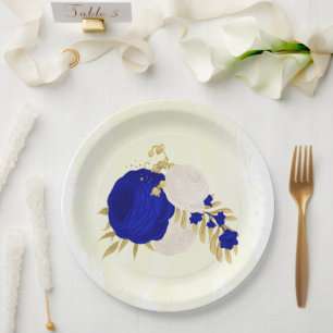 Assiettes En Carton bleu royal et fleurs blanches or