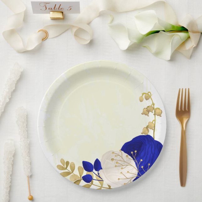 Assiettes En Carton bleu royal et fleurs blanches or (Mariage)