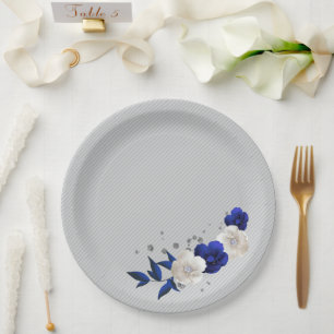Assiettes En Carton bleu royal fleurs blanches gris