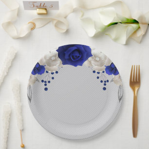Assiettes En Carton bleu royal rose blanc fleurs gris