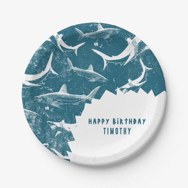 Assiettes En Carton Bleu Shark Boys fête d'anniversaire (Devant)