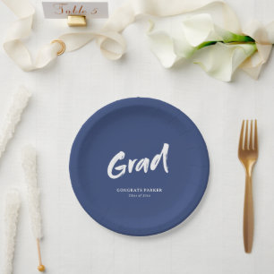 Assiettes En Carton Bleu Simple Moderne Brosse Script Graduation Party
