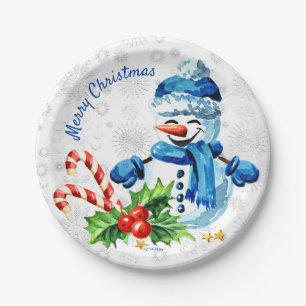 Assiettes En Carton Bleu Snowman 'Joyeux Noël' Plaque en papier