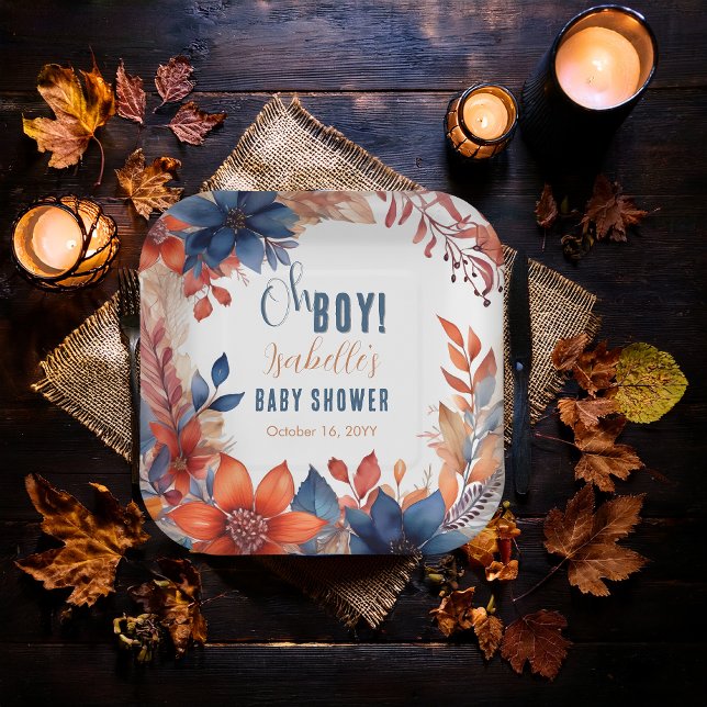 Assiettes En Carton Bleu | Terracotta Oh Boy Fall Baby shower Floral (Boho Blue and Terracotta Fall |  Autumn Floral "Oh Boy!" Baby Shower Square Paper Plates)
