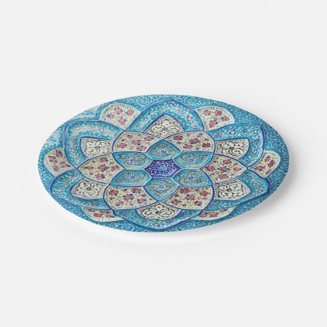 Assiettes En Carton Bleu turquoise marocain traditionnel, blanc, saumo (Angle)