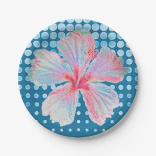 Assiettes En Carton Bleu Turquoise pointillé avec Hibiscus