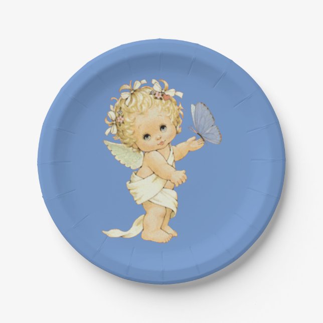 Assiettes En Carton Blonde Ange bébé avec un papillon. (Devant)