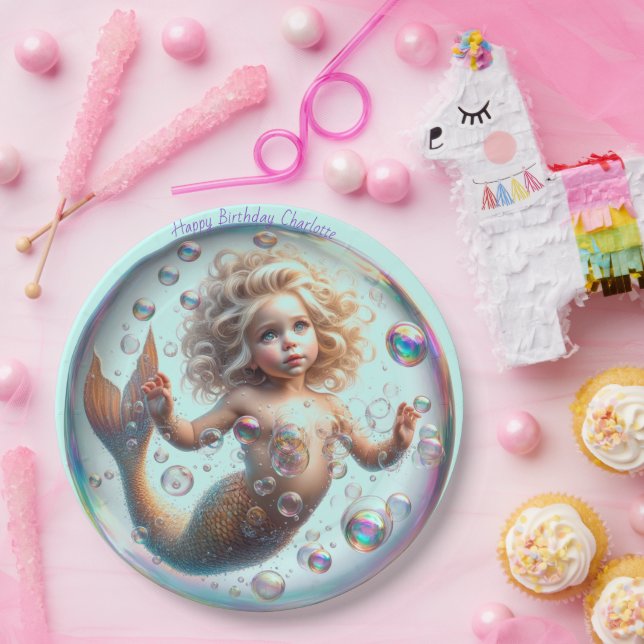 Assiettes En Carton Blonde Little Mermaid Bubble (Fête)