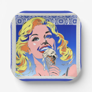 Assiettes En Carton Blonde mangeant une glace dans le style Pop Art co