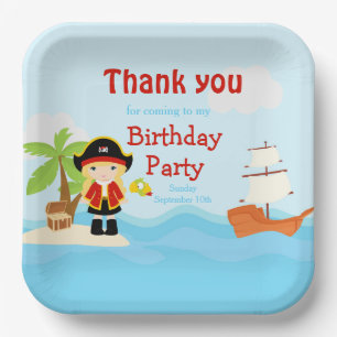 Assiettes En Carton Blonde mignonne fille pirate en rouge Anniversaire
