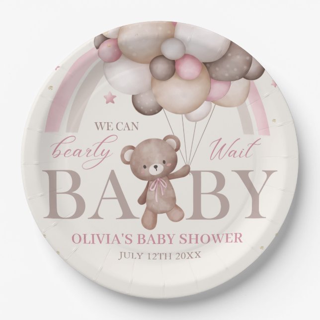 Assiettes En Carton Blonde Ours Teddy Bearly Wait Baby shower rose (Devant)