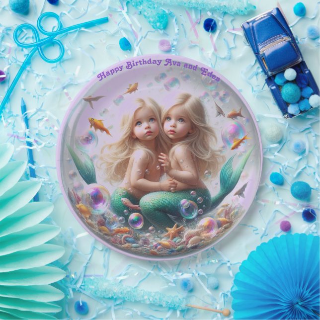Assiettes En Carton Blonde Twin Little Mermaids Bubble (Fête)