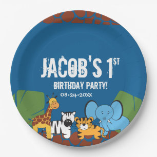 Assiettes En Carton Blue 1er anniversaire Jungle Safari thème