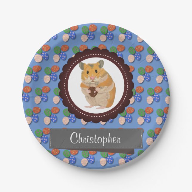 Assiettes En Carton Blue Ajouter Votre Nom Hamster Pâques (Devant)
