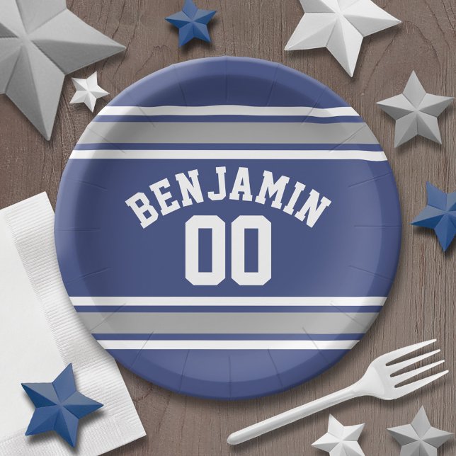 Assiettes En Carton Blue and Silver Sports Jersey Nom personnalisé Num (Personalized party plates - sports theme for birthday or any occasion)