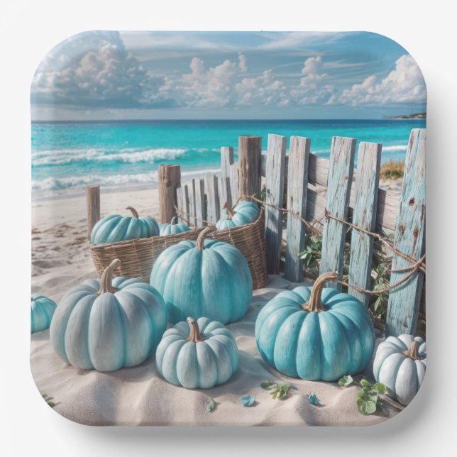 Assiettes En Carton Blue Autumn Beach Citrouilles (Recto)
