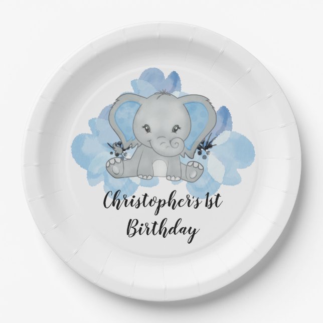 Assiettes En Carton Blue Baby Boy Elephant Fleurs Anniversaire (Devant)
