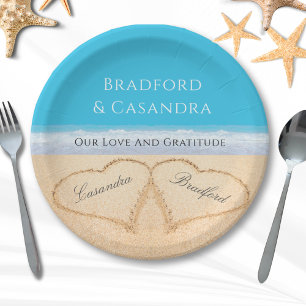 Assiettes En Carton Blue Beach Wedding 2 Coeurs dans le papier de sabl